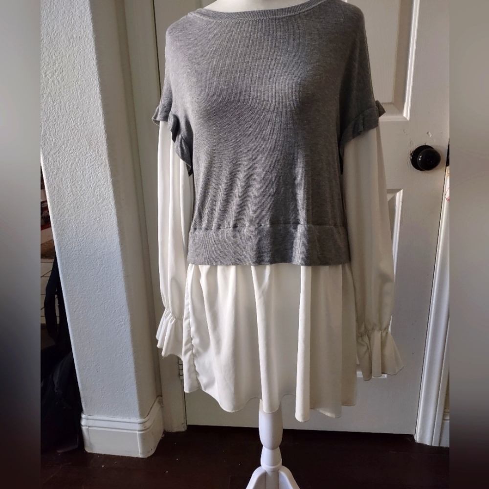 One Piece Long Shirt with Ruffles Sleeves and Faux Sweater